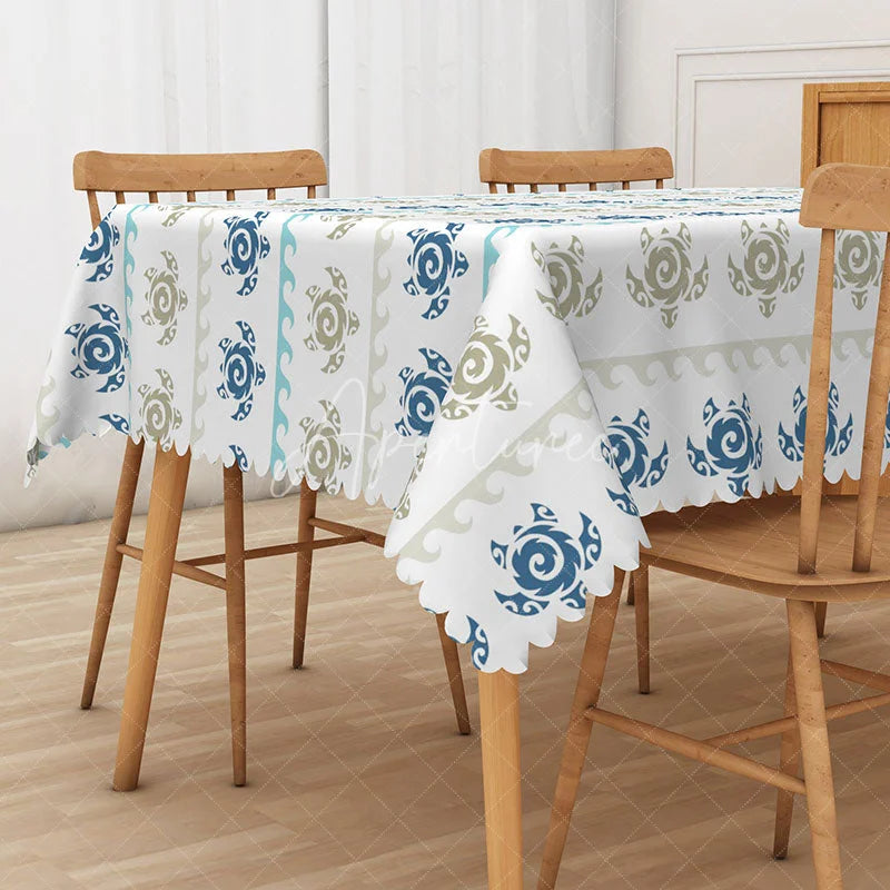 Aperturee - Aperturee Summer Sea Turtle Tablecloth with Repeating Totem Pattern for Coastal Beach House and Nautical Decor
