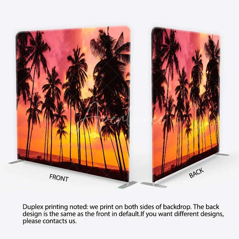 Aperturee - Aperturee Summer Tropical Beach Tension Fabric Backdrop Palm Tree Silhouette Pink Sunset Party Decorations