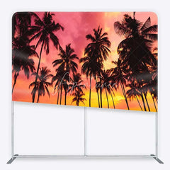 Aperturee - Aperturee Summer Tropical Beach Tension Fabric Backdrop Palm Tree Silhouette Pink Sunset Party Decorations