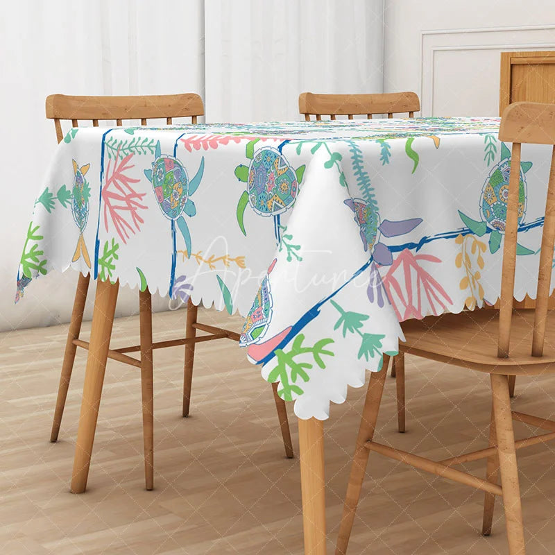 Aperturee - Aperturee Summer Underwater Tablecloth with Sea Turtle Totem for Ocean Coastal and Marine Life Themed Decor