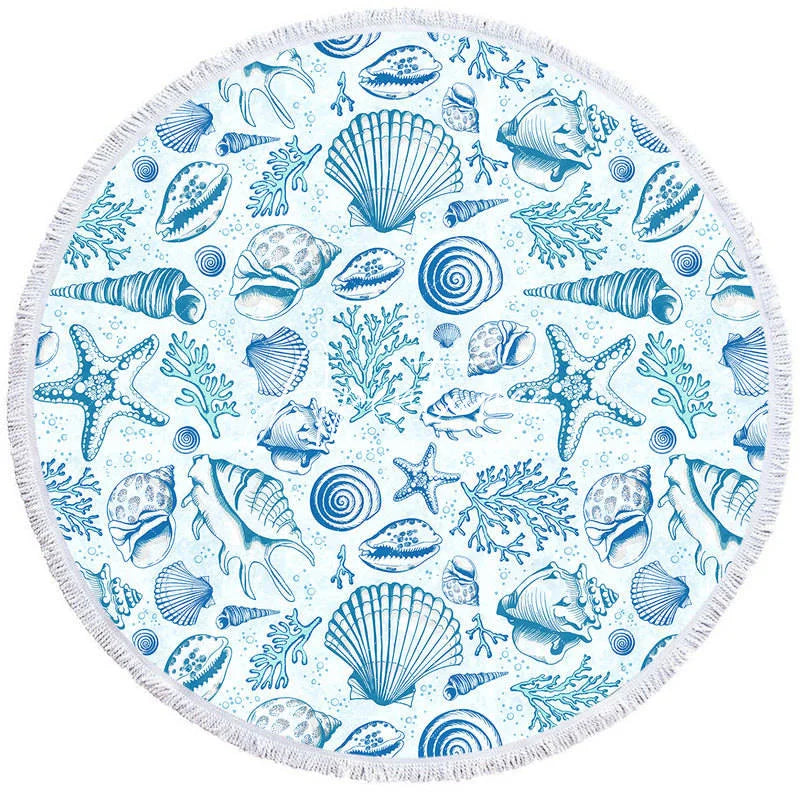 Aperturee - Aperturee Summer Vibe Blue White Porcelain Round Beach Towel