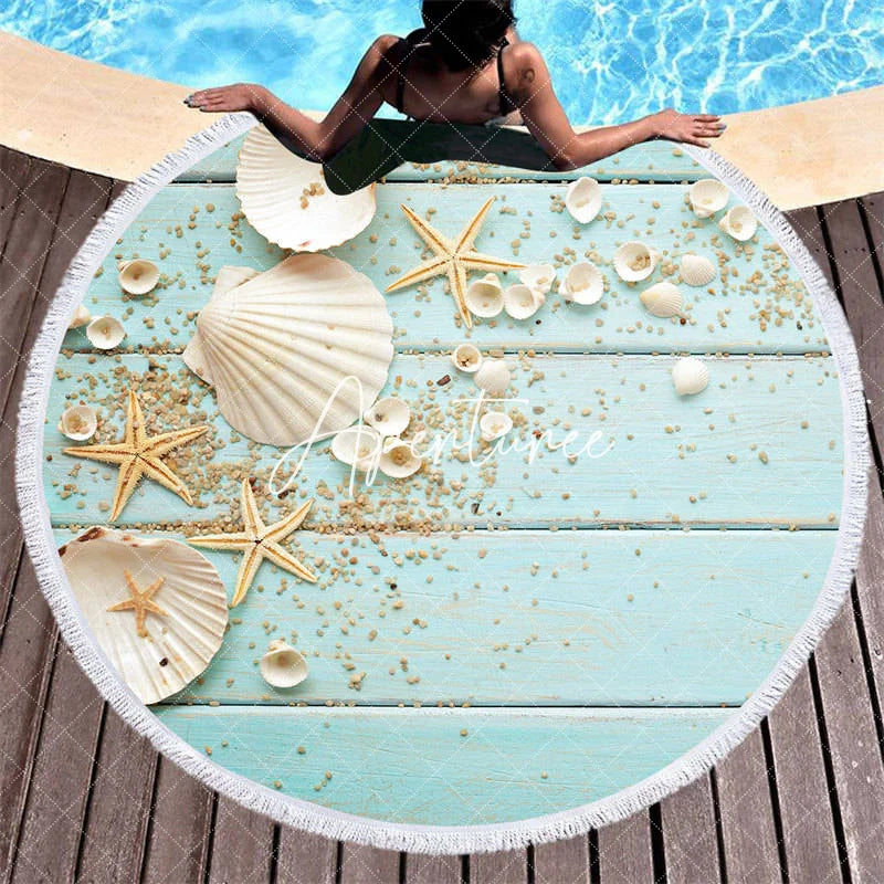 Aperturee - Aperturee Summer Vibe Ocean Seashell View Round Beach Towel