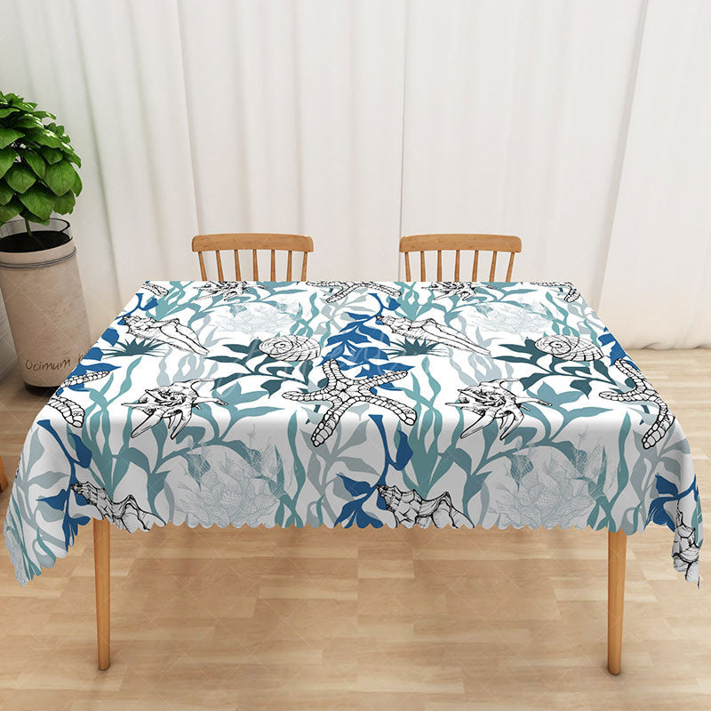 Aperturee - Aperturee Summer Vibe Rectangle Tablecloth with Underwater Algae Print for Ocean and Marine Themed Kitchen Decor