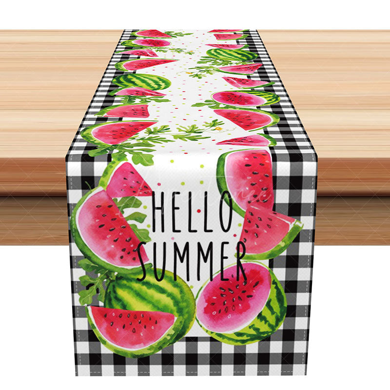 Aperturee - Aperturee Summer Watermelon Table Runner with Black Gingham Plaid for Farmhouse Kitchen and Outdoor BBQ Dining