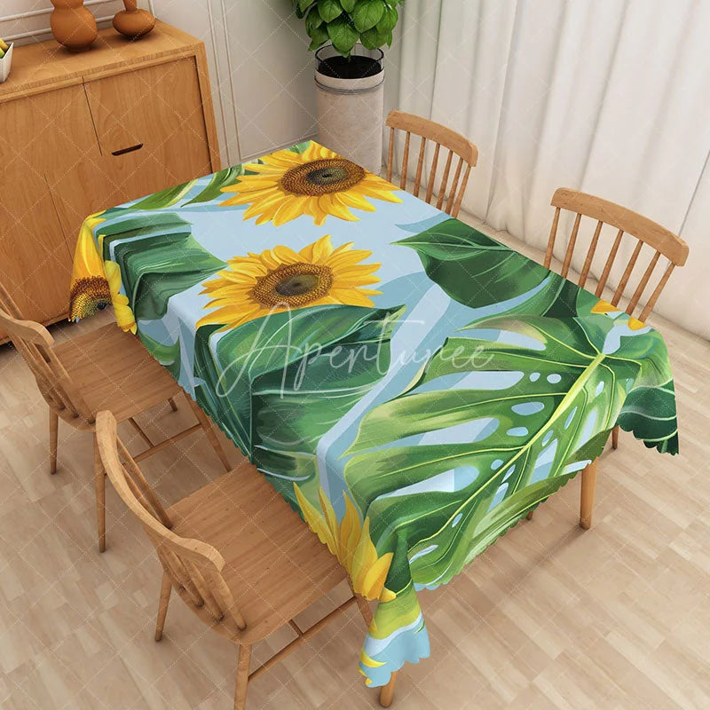Aperturee - Aperturee Sunflower and Tropical Monstera Rectangle Tablecloth Large Floral and Sky Blue Table Cover Summer Decor