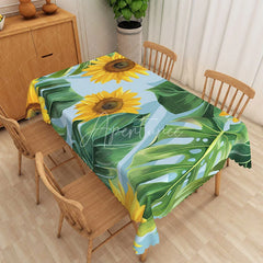 Aperturee - Aperturee Sunflower and Tropical Monstera Rectangle Tablecloth Large Floral and Sky Blue Table Cover Summer Decor
