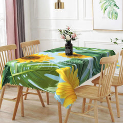 Aperturee - Aperturee Sunflower and Tropical Monstera Rectangle Tablecloth Large Floral and Sky Blue Table Cover Summer Decor