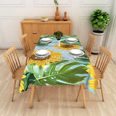 Aperturee - Aperturee Sunflower and Tropical Monstera Rectangle Tablecloth Large Floral and Sky Blue Table Cover Summer Decor
