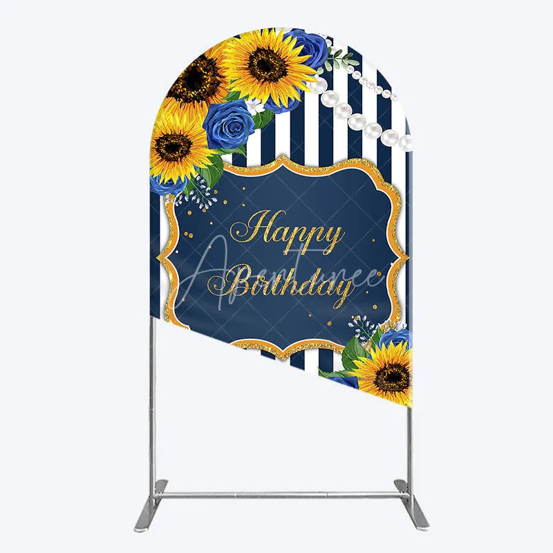 Aperturee - Aperturee Sunflower Blue Rose Birthday Arch Backdrop Navy Stripe Floral Party Decoration Gold Frame Pearl Background