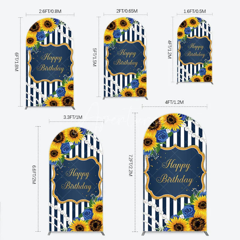Aperturee - Aperturee Sunflower Blue Rose Birthday Arch Backdrop Navy Stripe Floral Party Decoration Gold Frame Pearl Background