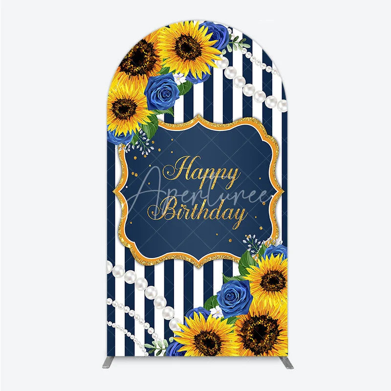 Aperturee - Aperturee Sunflower Blue Rose Birthday Arch Backdrop Navy Stripe Floral Party Decoration Gold Frame Pearl Background