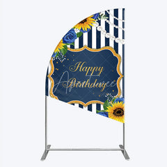 Aperturee - Aperturee Sunflower Blue Rose Birthday Half Moon Arch Backdrop Navy Stripe Floral Party Decoration Gold Frame Pearl Background
