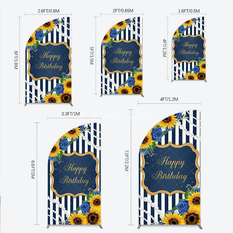 Aperturee - Aperturee Sunflower Blue Rose Birthday Half Moon Arch Backdrop Navy Stripe Floral Party Decoration Gold Frame Pearl Background