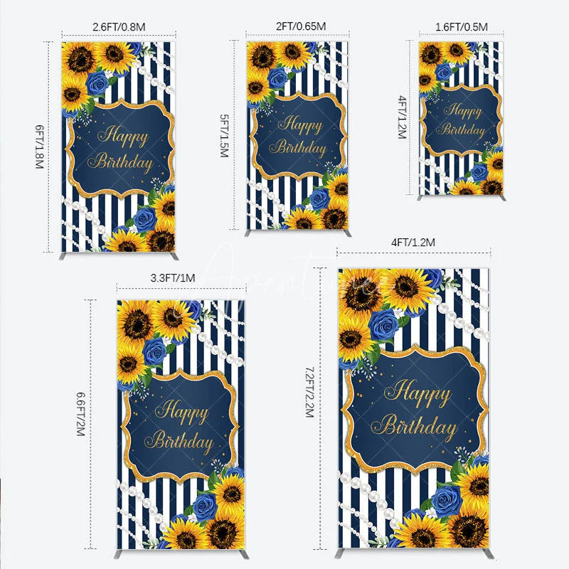 Aperturee - Aperturee Sunflower Blue Rose Birthday Rectangle Backdrop Navy Stripe Floral Party Decoration Gold Frame Pearl Background