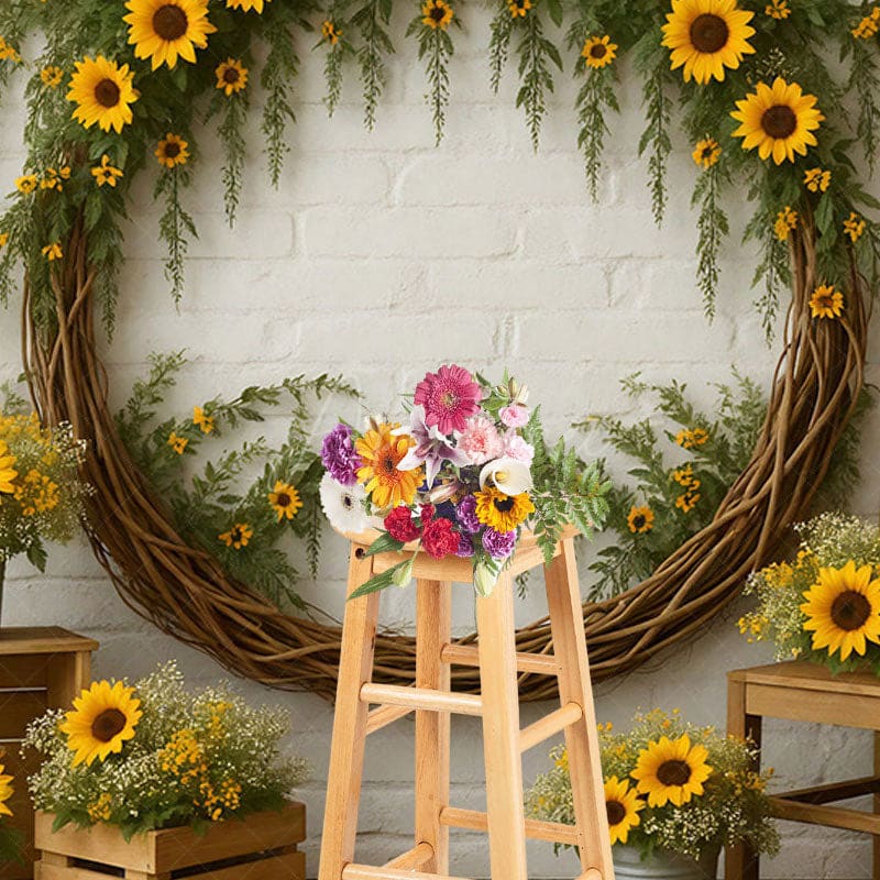 Aperturee - Aperturee Sunflower Circle Boho White Brick Wedding Backdrop