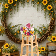 Aperturee - Aperturee Sunflower Circle Boho White Brick Wedding Backdrop