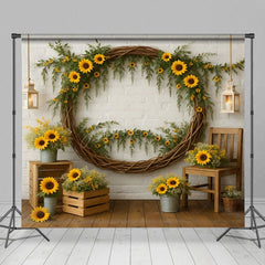 Aperturee - Aperturee Sunflower Circle Boho White Brick Wedding Backdrop