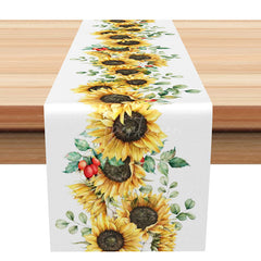 Aperturee - Aperturee Sunflower Spring Theme Table Runner Yellow Floral on a White Background Fresh Farmhouse Kitchen or Dining Decor