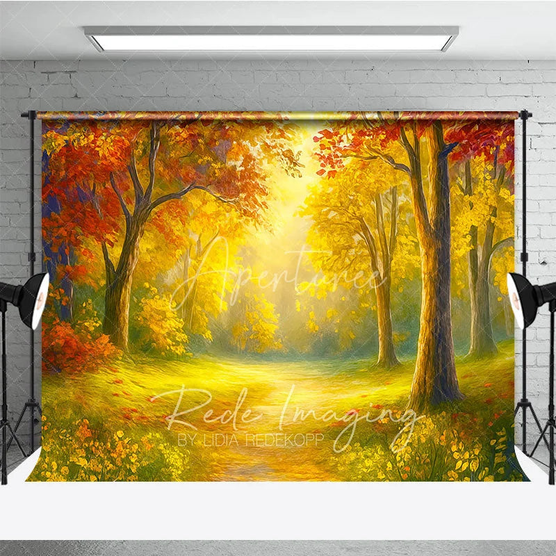 Aperturee - Aperturee Sunlit Autumn Forest Photography Backdrop Painterly Fall Scene with Yellow Leaves Thanksgiving Photo Background