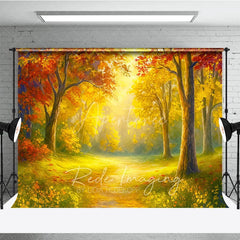 Aperturee - Aperturee Sunlit Autumn Forest Photography Backdrop Painterly Fall Scene with Yellow Leaves Thanksgiving Photo Background