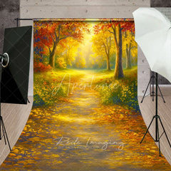 Aperturee - Aperturee Sunlit Autumn Forest Sweep Backdrop Painterly Fall Scene with Yellow Leaves Thanksgiving Photo Floor Drop