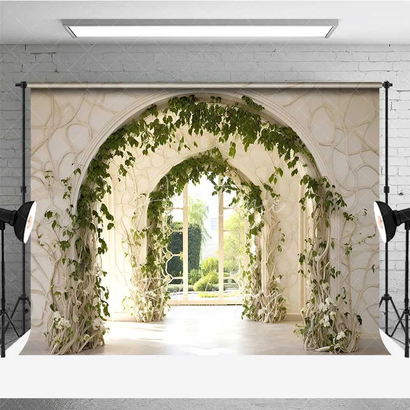 Aperturee - Aperturee Sunlit Garden Archway with Green Vines Combo Set Backdrop Elegant Castle Architecture Photo Background
