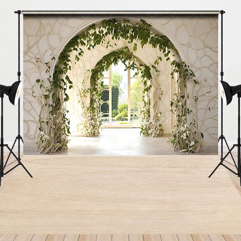 Aperturee - Aperturee Sunlit Garden Archway with Green Vines Combo Set Backdrop Elegant Castle Architecture Photo Background