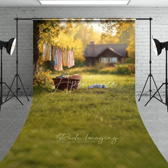 Aperturee - Aperturee Sunny Backyard Clothesline Photography Backdrop Summer Green Grass Rustic House Landscape Background