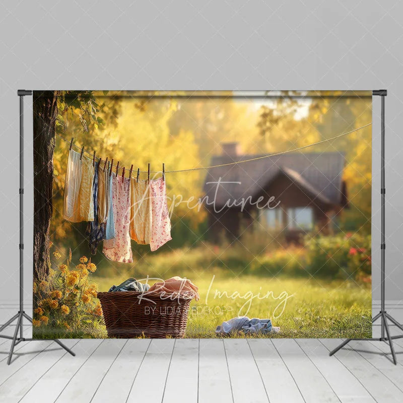 Aperturee - Aperturee Sunny Garden Cottage Backdrop Laundry Line and Flowers Spring Photography Background Rustic Country Scene