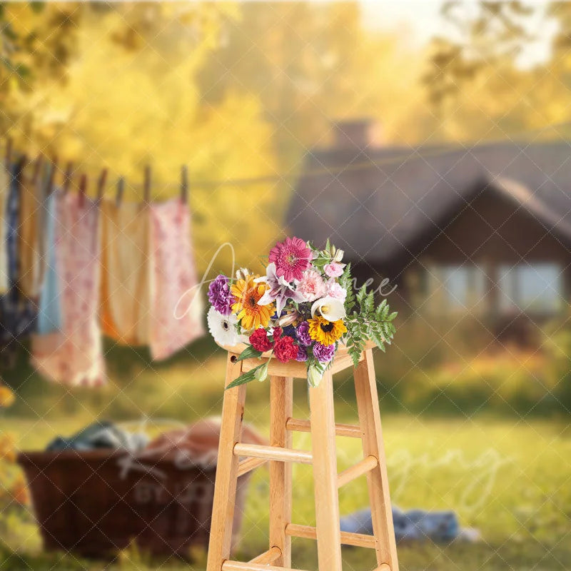 Aperturee - Aperturee Sunny Garden Cottage Backdrop Laundry Line and Flowers Spring Photography Background Rustic Country Scene