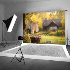 Aperturee - Aperturee Sunny Garden Cottage Backdrop Laundry Line and Flowers Spring Photography Background Rustic Country Scene