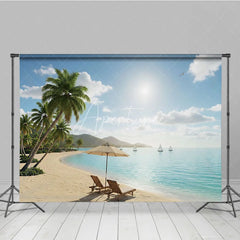Aperturee - Aperturee Sunny Tropical Beach Photography Backdrop with Lush Palm Trees Turquoise Ocean and Relaxing Beach Chairs