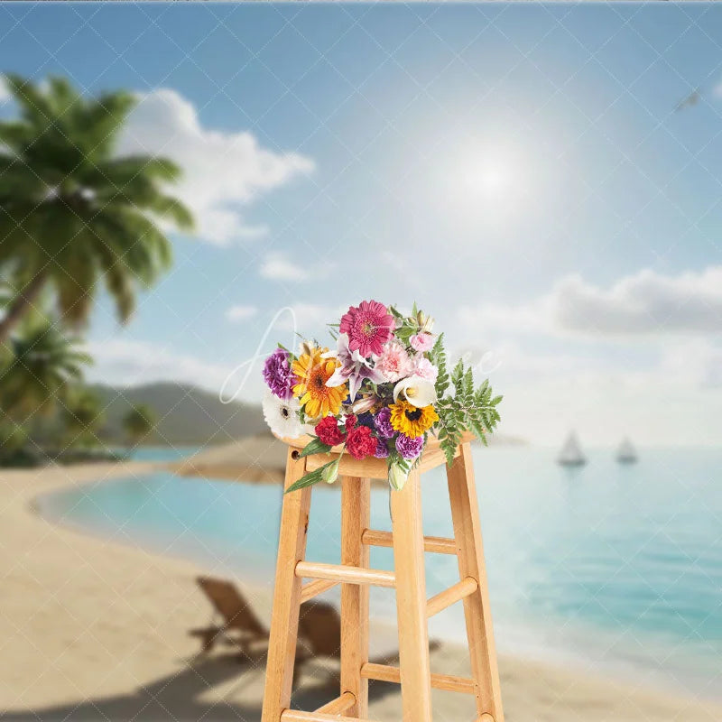 Aperturee - Aperturee Sunny Tropical Beach Photography Backdrop with Lush Palm Trees Turquoise Ocean and Relaxing Beach Chairs