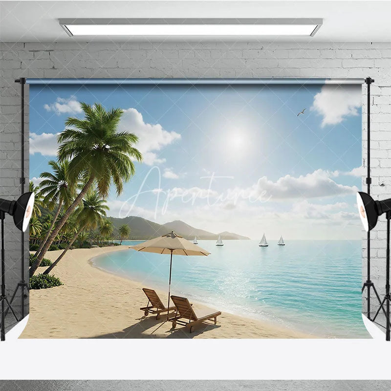 Aperturee - Aperturee Sunny Tropical Beach Photography Backdrop with Lush Palm Trees Turquoise Ocean and Relaxing Beach Chairs