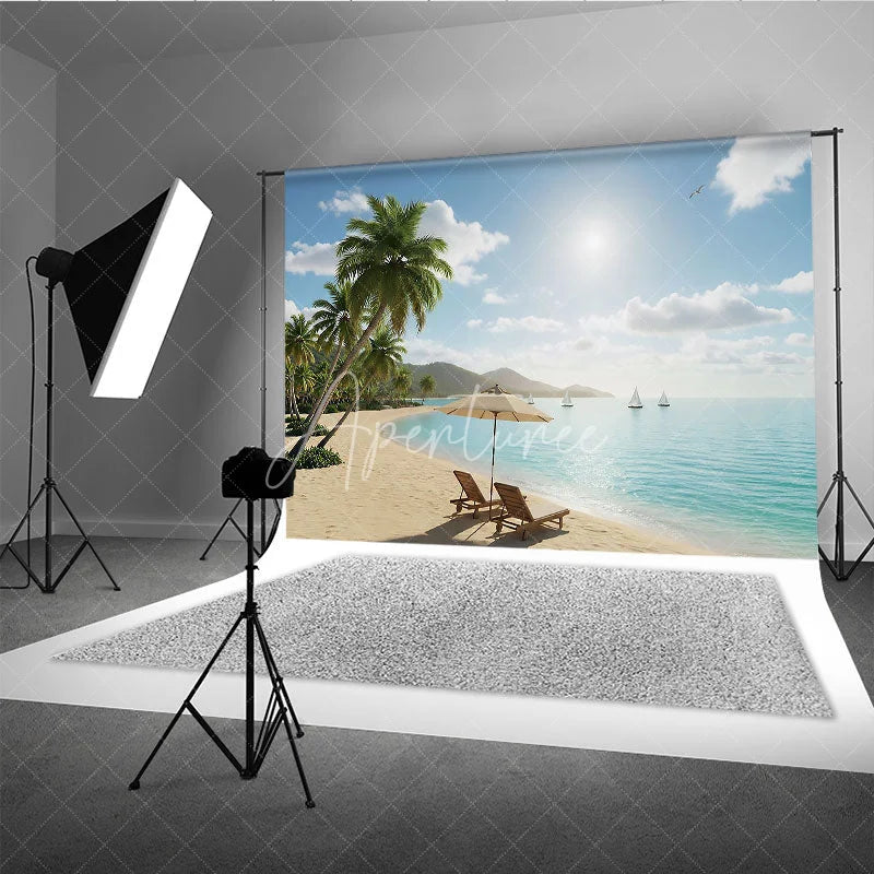 Aperturee - Aperturee Sunny Tropical Beach Photography Backdrop with Lush Palm Trees Turquoise Ocean and Relaxing Beach Chairs