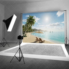 Aperturee - Aperturee Sunny Tropical Beach Photography Backdrop with Lush Palm Trees Turquoise Ocean and Relaxing Beach Chairs
