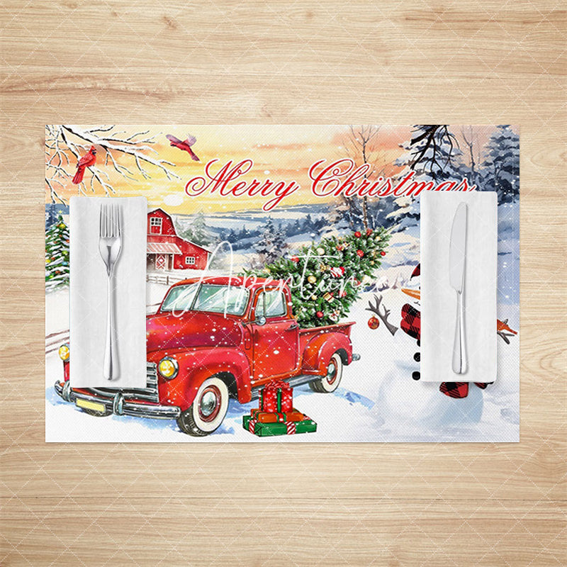 Aperturee - Aperturee Sunset Christmas Tree Truck Snowman Set Of 4 Placemats