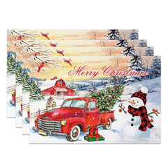 Aperturee - Aperturee Sunset Christmas Tree Truck Snowman Set Of 4 Placemats