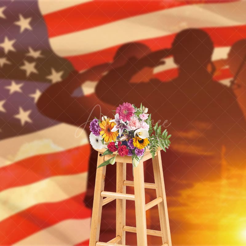 Aperturee - Aperturee Sunset Flag Saluting Soldier Armed Forces Day Backdrop