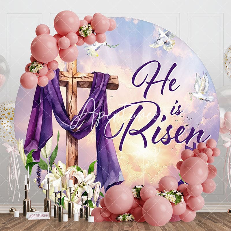 Aperturee - Aperturee Sunset Floral Cross He Is Risen Round Easter Backdrop