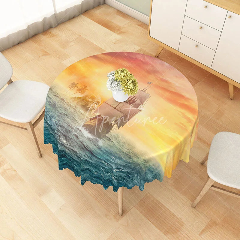 Aperturee - Aperturee Sunset Sea Monster and Boat Round Tablecloth for Mythical Kraken and Nautical Themed Decor