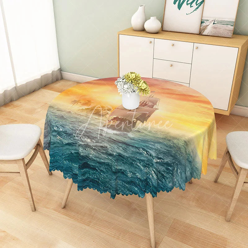 Aperturee - Aperturee Sunset Sea Monster and Boat Round Tablecloth for Mythical Kraken and Nautical Themed Decor