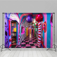 Aperturee - Aperturee Surreal Candy Hallway Fine Art Backdrop Checkered Floor and Sweet Lollipops Photography Studio Background