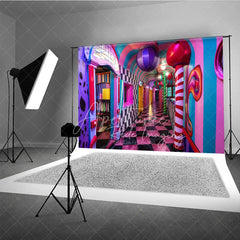 Aperturee - Aperturee Surreal Candy Hallway Fine Art Backdrop Checkered Floor and Sweet Lollipops Photography Studio Background