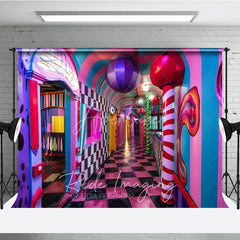 Aperturee - Aperturee Surreal Candy Hallway Fine Art Backdrop Checkered Floor and Sweet Lollipops Photography Studio Background