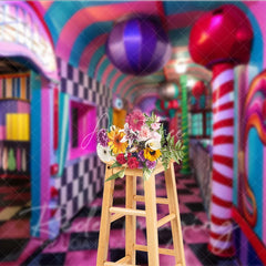 Aperturee - Aperturee Surreal Candy Hallway Fine Art Backdrop Checkered Floor and Sweet Lollipops Photography Studio Background