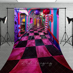 Aperturee - Aperturee Surreal Candy Hallway Fine Art Photography Backdrop Pink Checkered Floor Sweep Portrait Studio Background