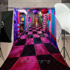 Aperturee - Aperturee Surreal Candy Hallway Fine Art Photography Backdrop Pink Checkered Floor Sweep Portrait Studio Background