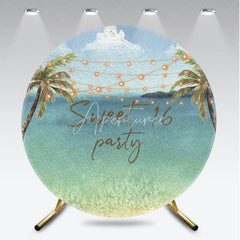 Aperturee - Aperturee Sweet 16 Party Tropical Beach Round Backdrop Palm Trees and String Lights Decor
