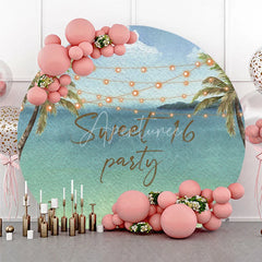 Aperturee - Aperturee Sweet 16 Party Tropical Beach Round Backdrop Palm Trees and String Lights Decor